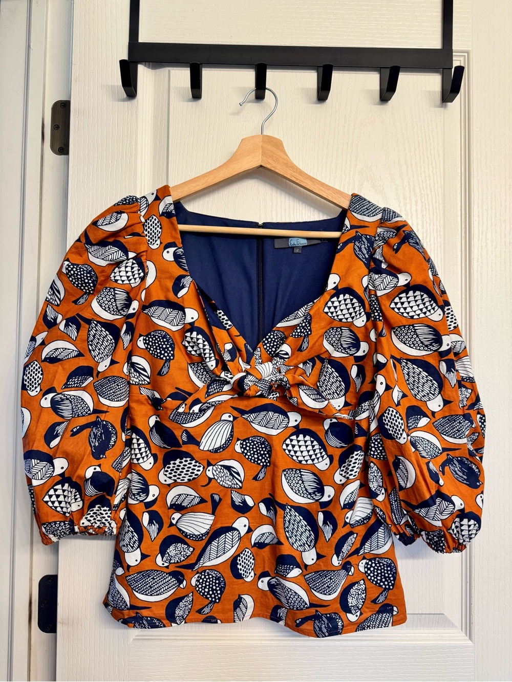 Eva Franco Orange Puff-Sleeve Top with Navy and White Bird Print